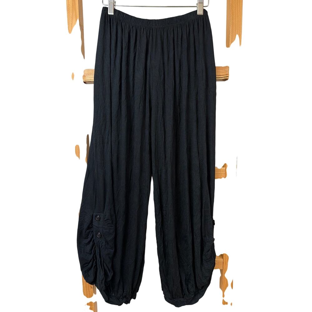 Comfy USA Black Crinkle Cuffed Lounge Pants Decorative Buttons Size S